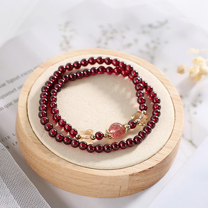 Fortune Jewel 14K Gold Plated Natural Garnet Strawberry Quartz Butterfly Protection Double Wrap Bracelet