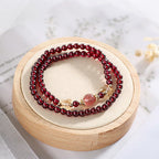 Fortune Jewel 14K Gold Plated Natural Garnet Strawberry Quartz Butterfly Protection Double Wrap Bracelet