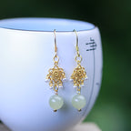 Fortune Jewel Hetian Jade Flower Pattern 14K Gold Plated Luck Drop Dangle Earrings