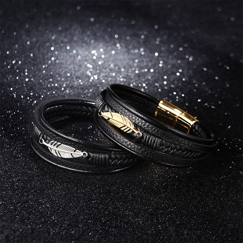 Fortune Jewel Feather Pattern Multilayer Leather Titanium Steel Calm Braided Magnetic Buckle Bracelet