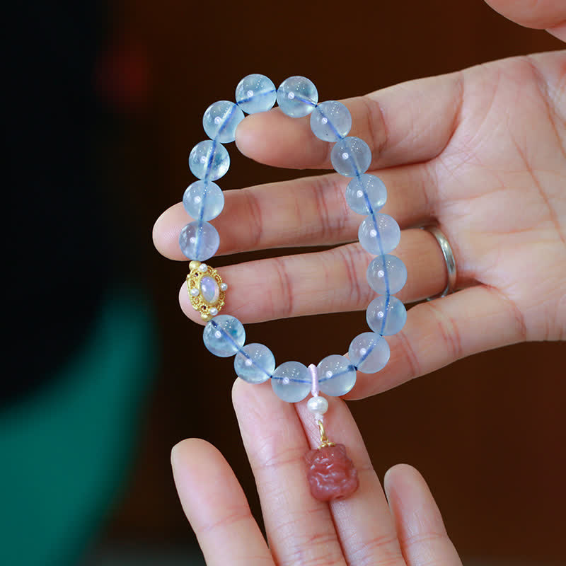 Fortune Jewel Natural Aquamarine Red Agate Pearl Beads Healing Charm Bracelet
