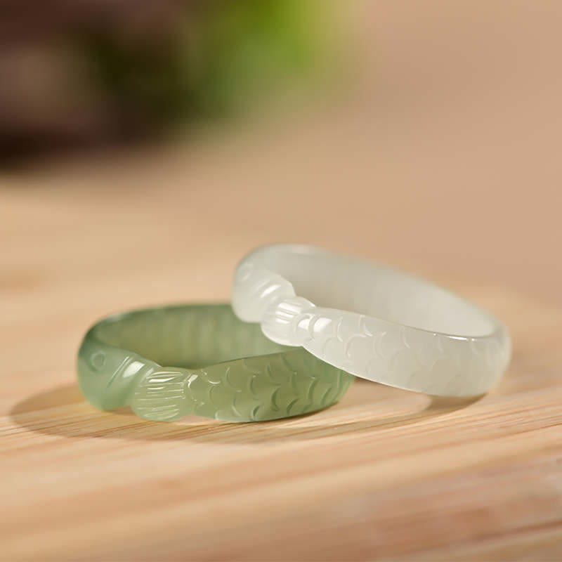 Fortune Jewel Hetian White Jade Cyan Jade Koi Fish Success Luck Ring