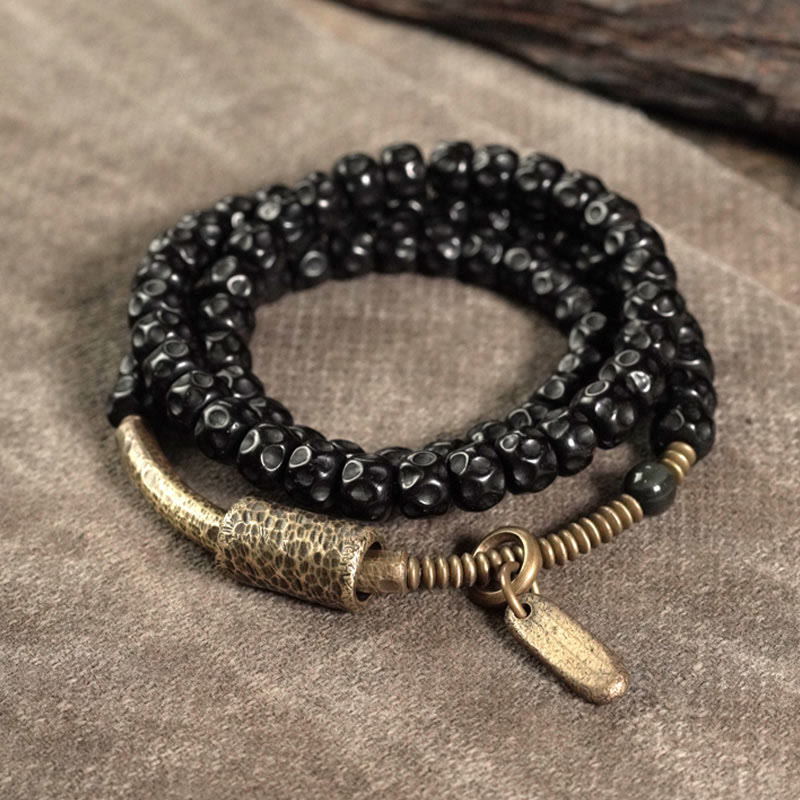 Fortune Jewel Retro Coconut Shell Brass Copper Happiness Triple Wrap Bracelet