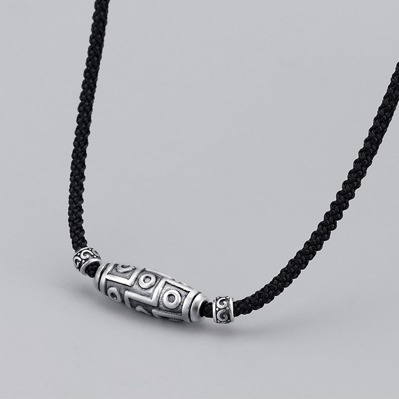 Fortune Jewel 999 Sterling Silver Nine-Eye Dzi Bead Pattern Protection Rope Necklace Pendant