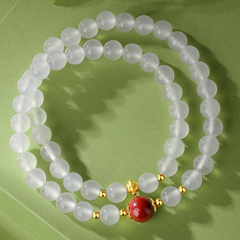 Fortune Jewel 925 Sterling Silver Natural White Agate Cinnabar Double Wrap Protection Bracelet