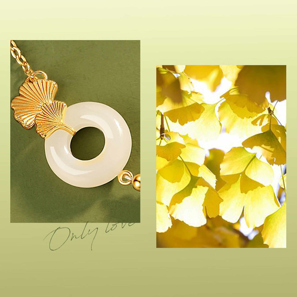 Fortune Jewel 925 Sterling Silver Hetian White Jade Peace Buckle Ginkgo Leaf Luck Bracelet