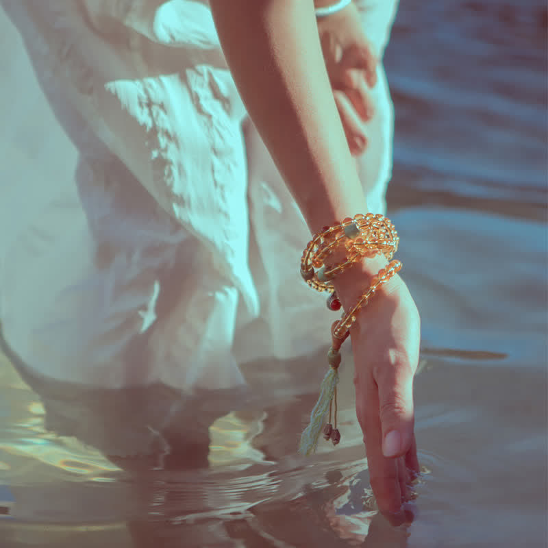 Fortune Jewel 108 Mala Beads 925 Sterling Silver Citrine Sandalwood Turquoise Protection Prosperity Bracelet