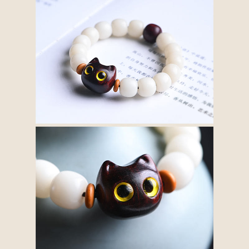 Fortune Jewel Natural Bodhi Seed Small Leaf Red Sandalwood Ebony Wood Cute Lucky Cat Wisdom Bracelet
