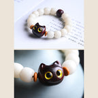Fortune Jewel Natural Bodhi Seed Small Leaf Red Sandalwood Ebony Wood Cute Lucky Cat Wisdom Bracelet