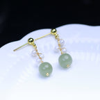 Fortune Jewel Hetian Jade Flower Pattern 14K Gold Plated Luck Drop Dangle Earrings