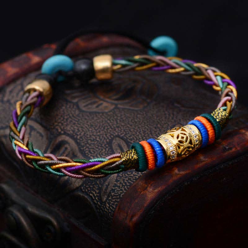 Fortune Jewel Tibetan Handmade Eight Thread Knot Copper Coin Luck Weave String Bracelet
