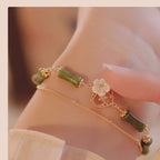 Fortune Jewel 14k Gold Plated Copper Peridot Bamboo Flower Wealth Double Layer Bracelet