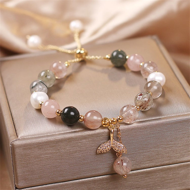 Fortune Jewel Strawberry Quartz Rutilated Quartz Fishtail Charm Healing Bracelet