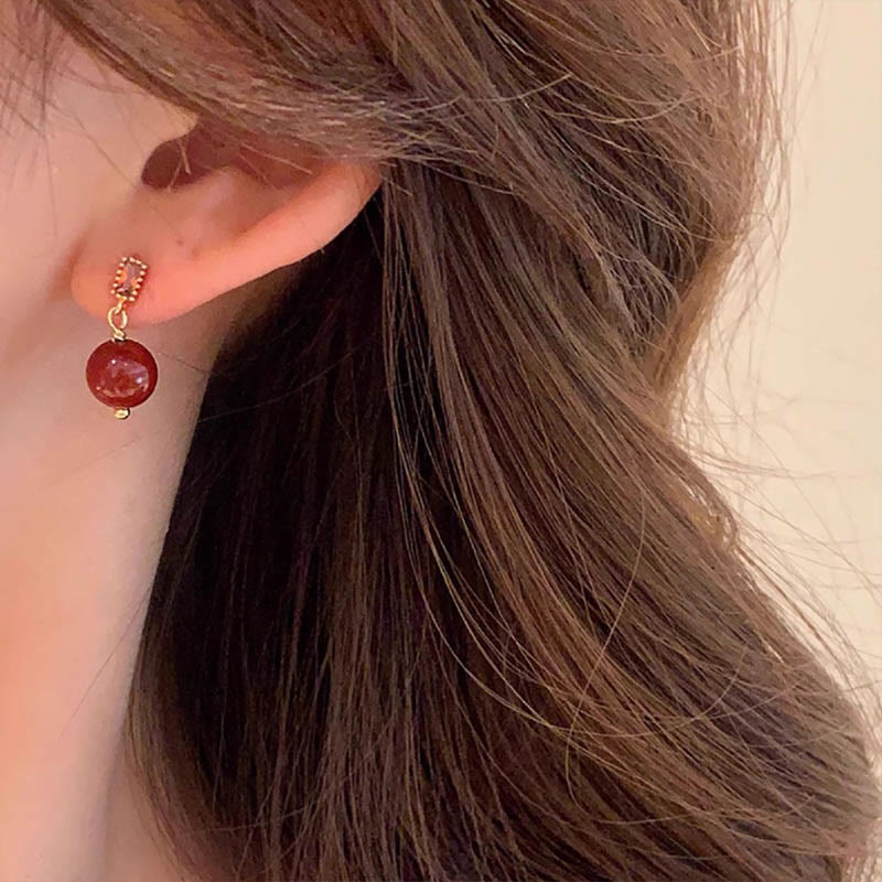 Fortune Jewel 925 Sterling Silver Posts 14K Gold Filled Cinnabar Bead Zircon Calm Earrings