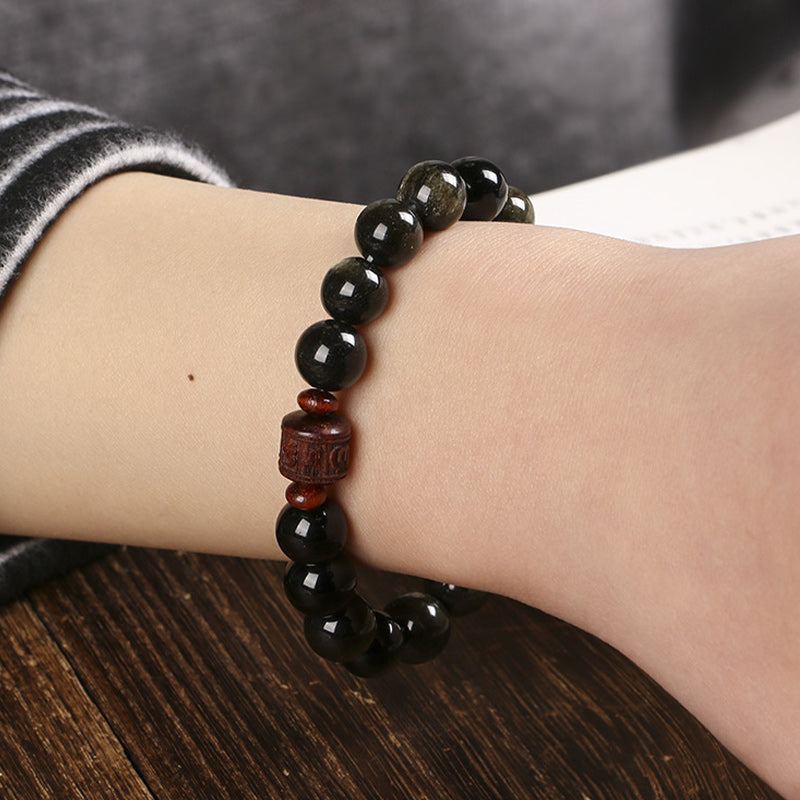Fortune Jewel Natural Gold Sheen Obsidian Rainbow Obsidian Om Mani Padme Hum Fu Character Healing Bracelet