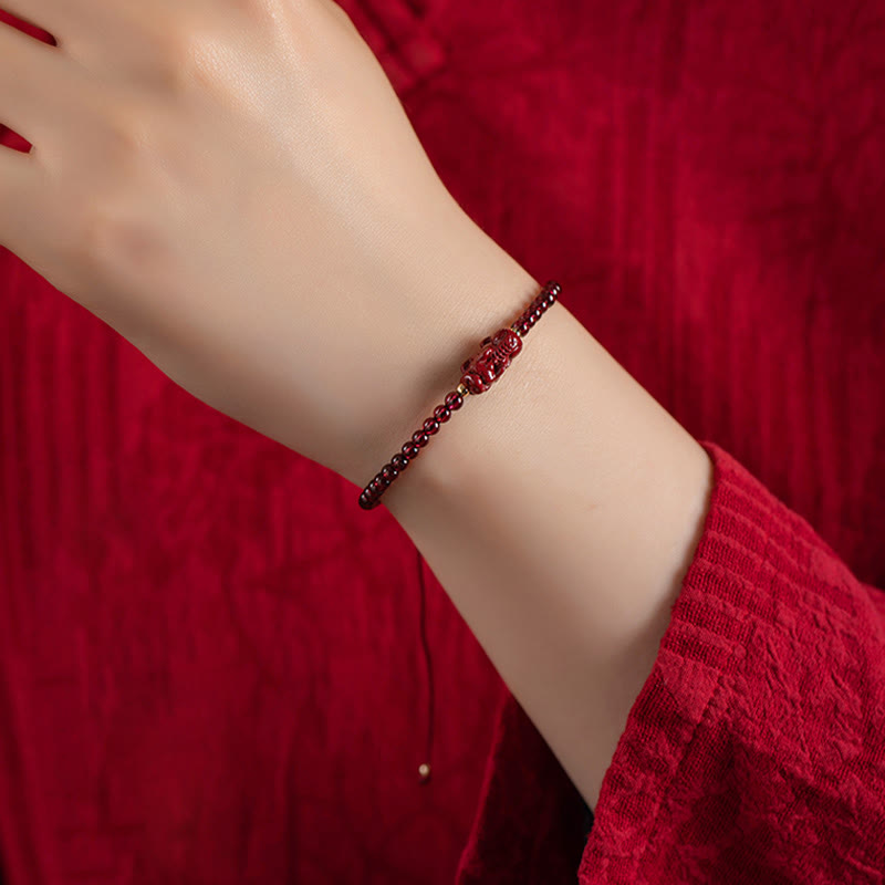 Fortune Jewel Garnet Cinnabar PiXiu Blessing Calm String Bracelet