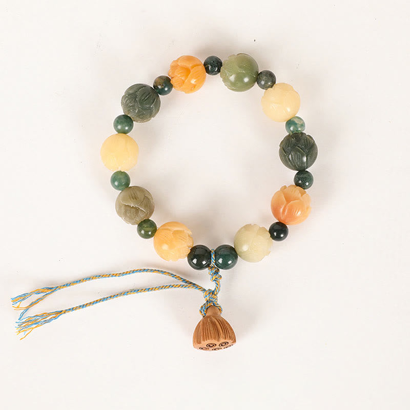 Fortune Jewel Bodhi Seed Lotus Bead Engraved Moss Agate Peace Calm Bracelet