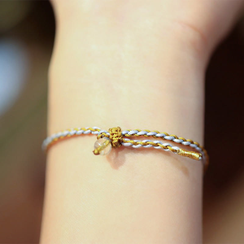 Fortune Jewel 925 Sterling Silver Natural Jade Gourd Rutilated Quartz Fu Character Luck Braid Bracelet
