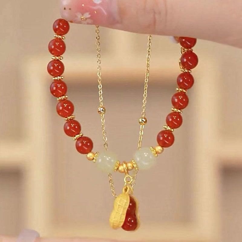 Fortune Jewel Jade Leaf Ginkgo Tulip Peanut Fu Character Luck Beaded Bracelet