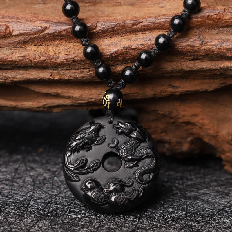 Fortune Jewel Black Obsidian Dragon Phoenix Mandarin Duck Luck Protection Necklace Pendant