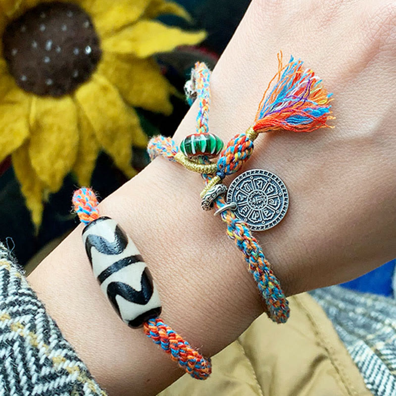 Fortune Jewel Tibetan 925 Sterling Silver Om Mani Padme Hum Handmade Dzi Bead Protection Braid Bracelet