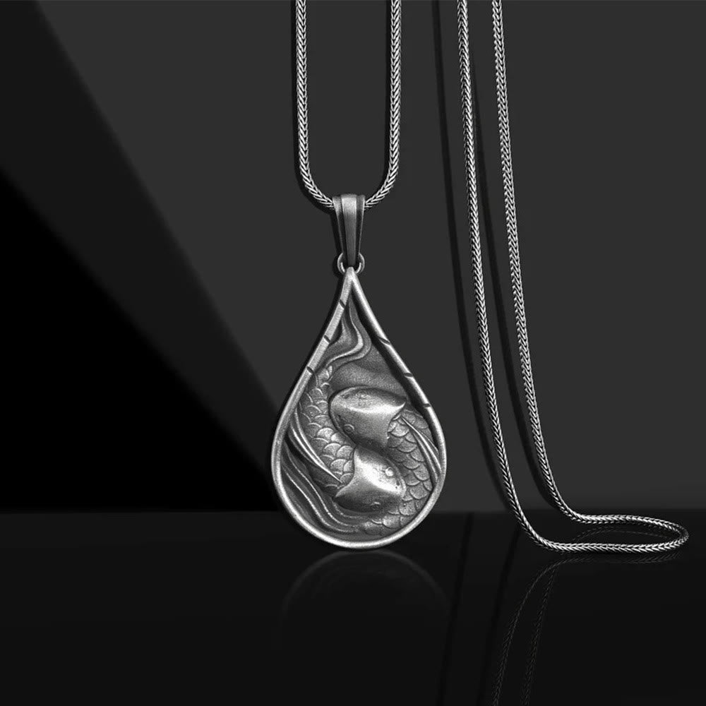 Fortune Jewel Double Lucky Koi Fish Prosperity Pure Tin Water Drop Pattern Necklace Pendant