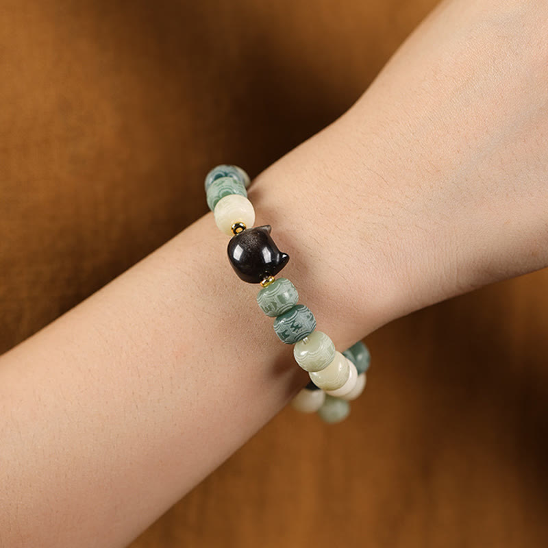Fortune Jewel Bodhi Seed Silver Sheen Obsidian Cat Head Om Mani Padme Hum Engraved Harmony Bracelet