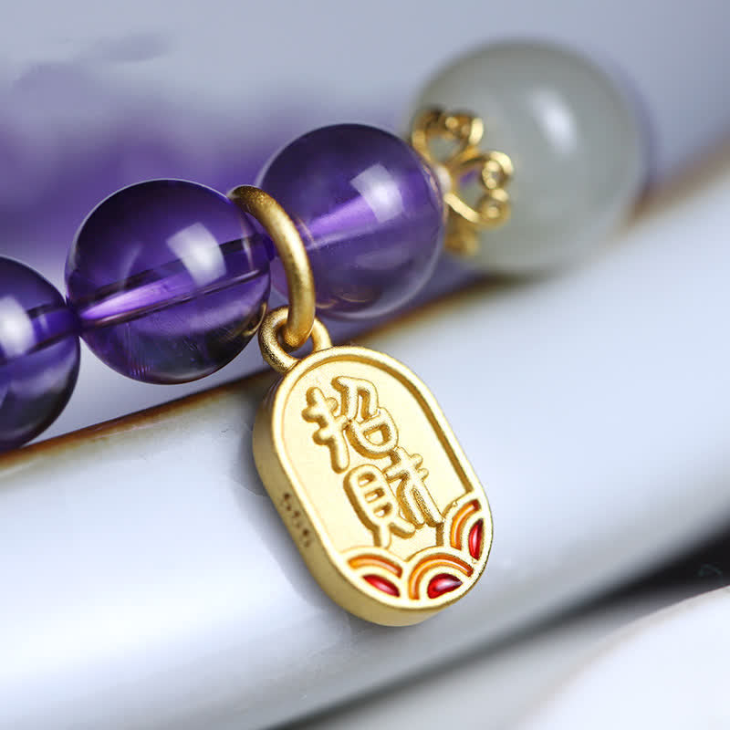 Fortune Jewel Natural Amethyst Crystal Hetian Jade Healing Charm Bracelet