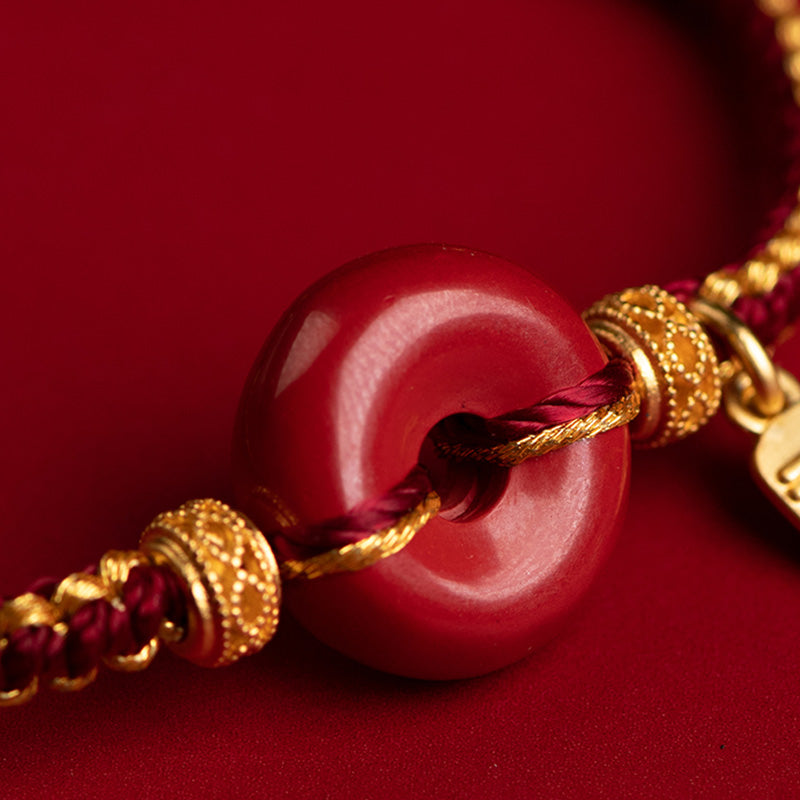 Fortune Jewel Natural Cinnabar Peace Buckle Fu Character Charm Blessing Braided Bracelet