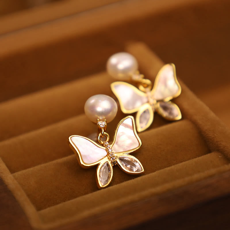 Fortune Jewel 18K Gold Plated Copper Natural Shell Pearl Butterfly Sincerity Stud Earrings