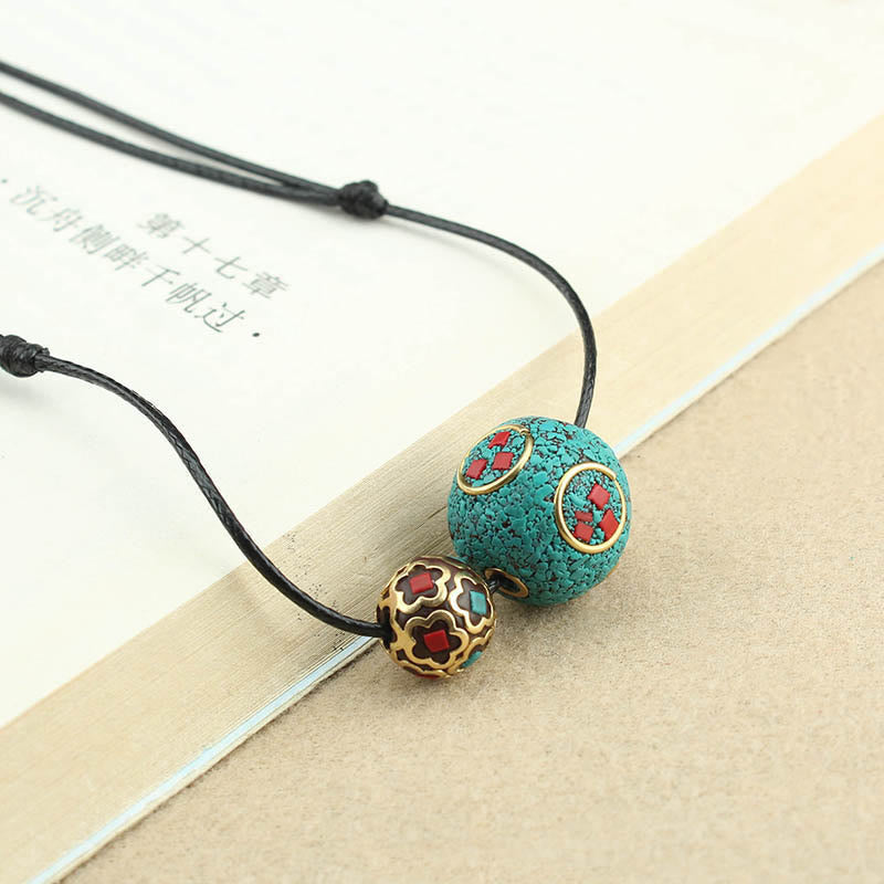Fortune Jewel Tibetan Turquoise Double Bead Protection Strength Necklace Pendant