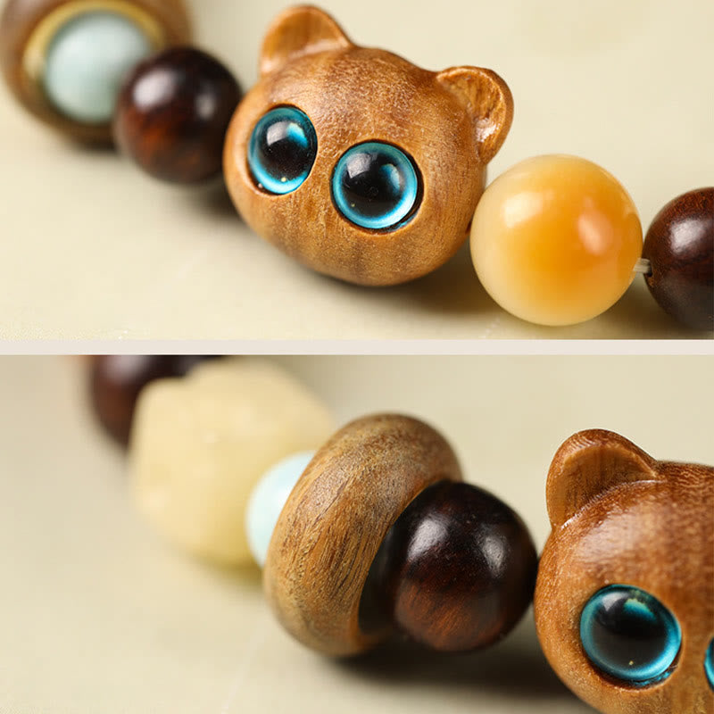 Fortune Jewel Natural Bodhi Seed Sandalwood Lucky Cute Cat Head Paw Claw Peace Bracelet