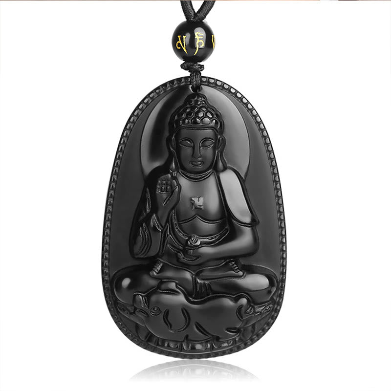 Fortune Jewel Chinese Zodiac Natal Buddha Natural Black Obsidian Purification Necklace Pendant