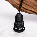 Fortune Jewel Natural Black Obsidian Crystal Buddha Strength Protection Amulet Lucky Charm Pendant Necklace