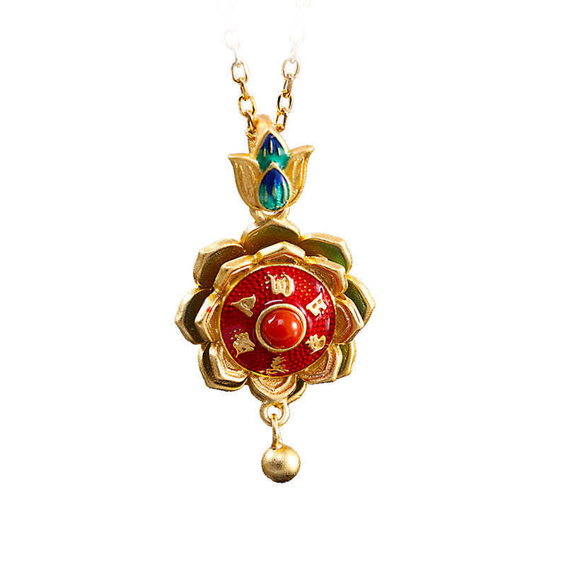 Fortune Jewel 925 Sterling Silver Tibet Lotus Prayer Wheel Red Agate Enlightenment Necklace Pendant