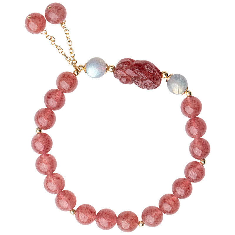 Fortune Jewel Natural Strawberry Quartz Moonstone PiXiu Love Healing Bracelet