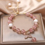 Fortune Jewel Strawberry Quartz Rutilated Quartz Fishtail Charm Healing Bracelet