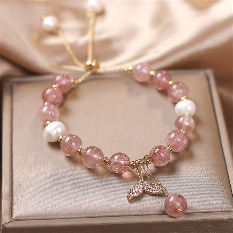 Fortune Jewel Strawberry Quartz Rutilated Quartz Fishtail Charm Healing Bracelet