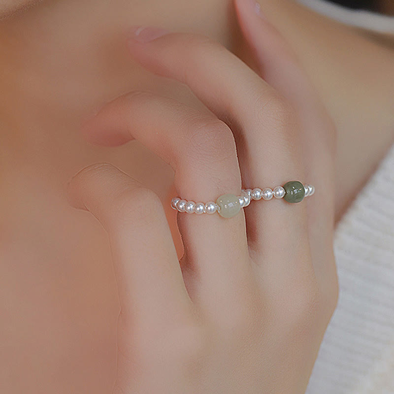 Fortune Jewel Round Jade Pearl Beads Luck Ring