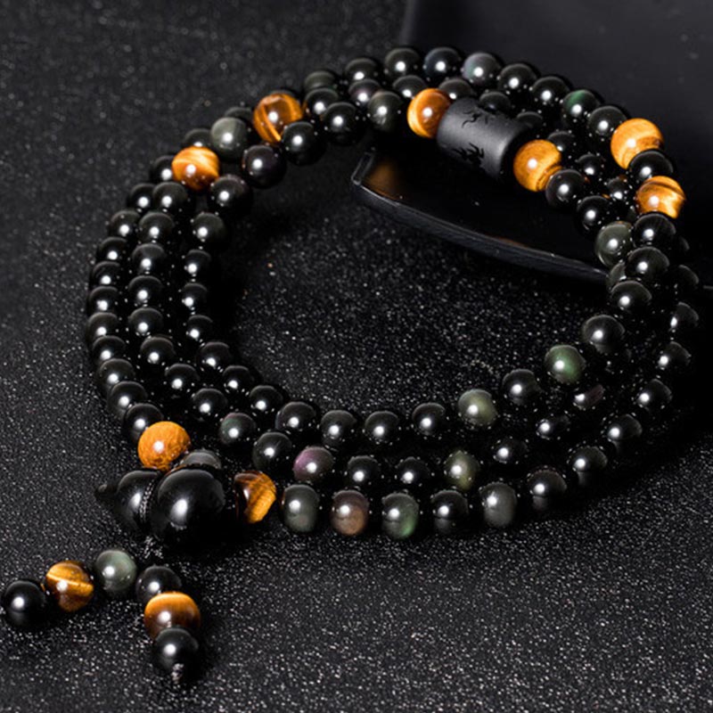 Fortune Jewel Natural Black Obsidian Rainbow Obsidian Gourd Blessing Bracelet Mala