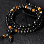 Fortune Jewel Natural Black Obsidian Rainbow Obsidian Gourd Blessing Bracelet Mala