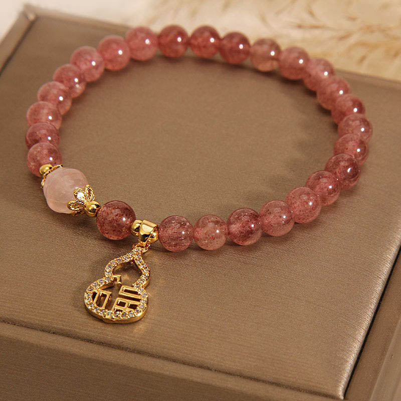 Fortune Jewel Strawberry Quartz Gourd Fu Character Charm Positive Bracelet
