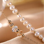 Fortune Jewel 925 Sterling Silver Plated 14k Gold Natural Pearl Crystal Healing Double Layer Bracelet