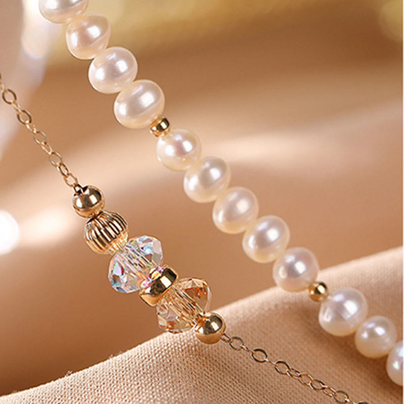 Fortune Jewel 925 Sterling Silver Plated 14k Gold Natural Pearl Crystal Healing Double Layer Bracelet