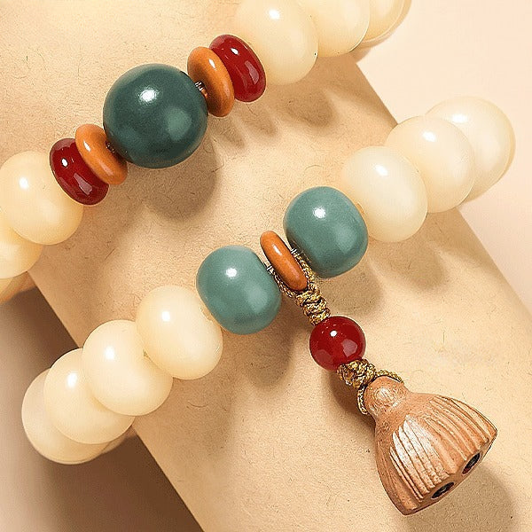 Cream-Toned White Jade Bodhi Bracelet with Boxwood Lotus Pod – Available in Single, Double Wrap, or 108 Mala