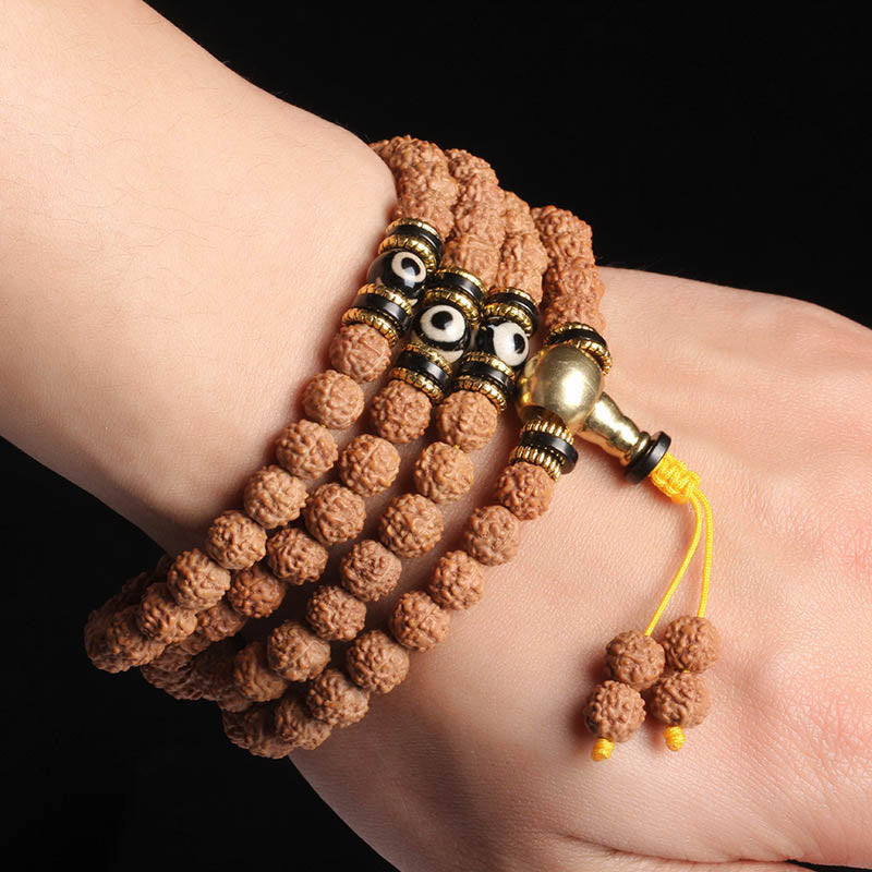 Fortune Jewel 108 Mala Beads Rudraksha Bodhi Seed Dzi Bead Luck Wealth Bracelet