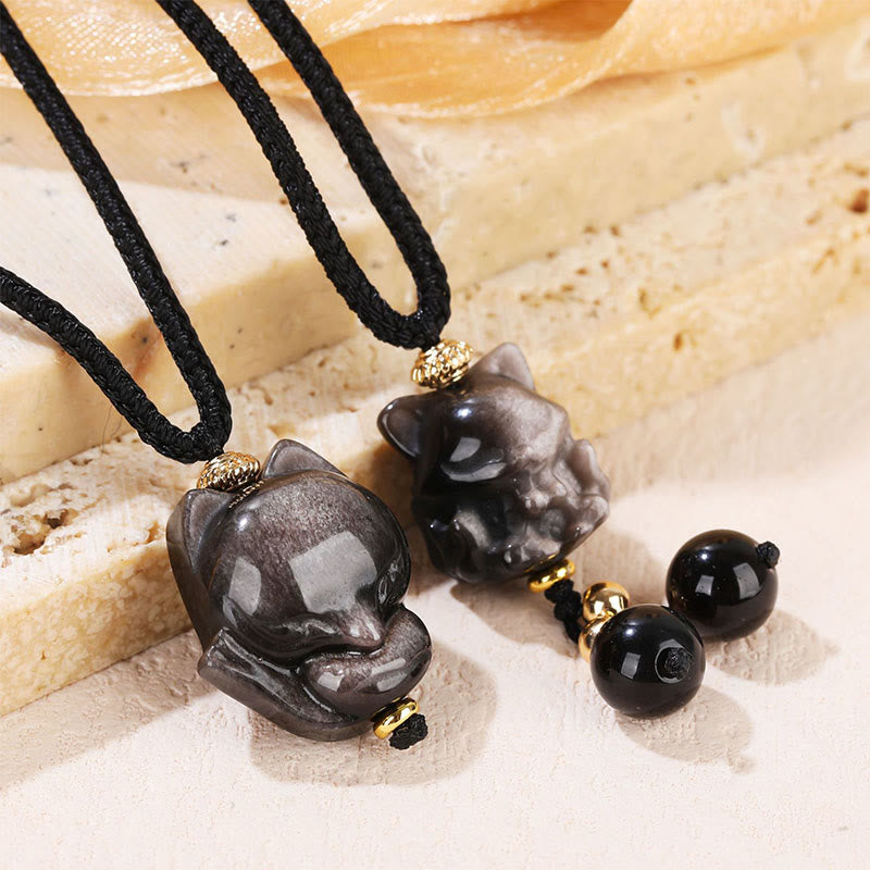 Fortune Jewel Natural Silver Sheen Obsidian Nine Tailed Fox Protection Necklace Pendant