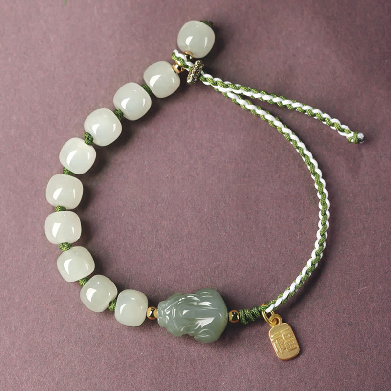 Fortune Jewel Natural Hetian Jade PiXiu Luck Fu Character String Bracelet