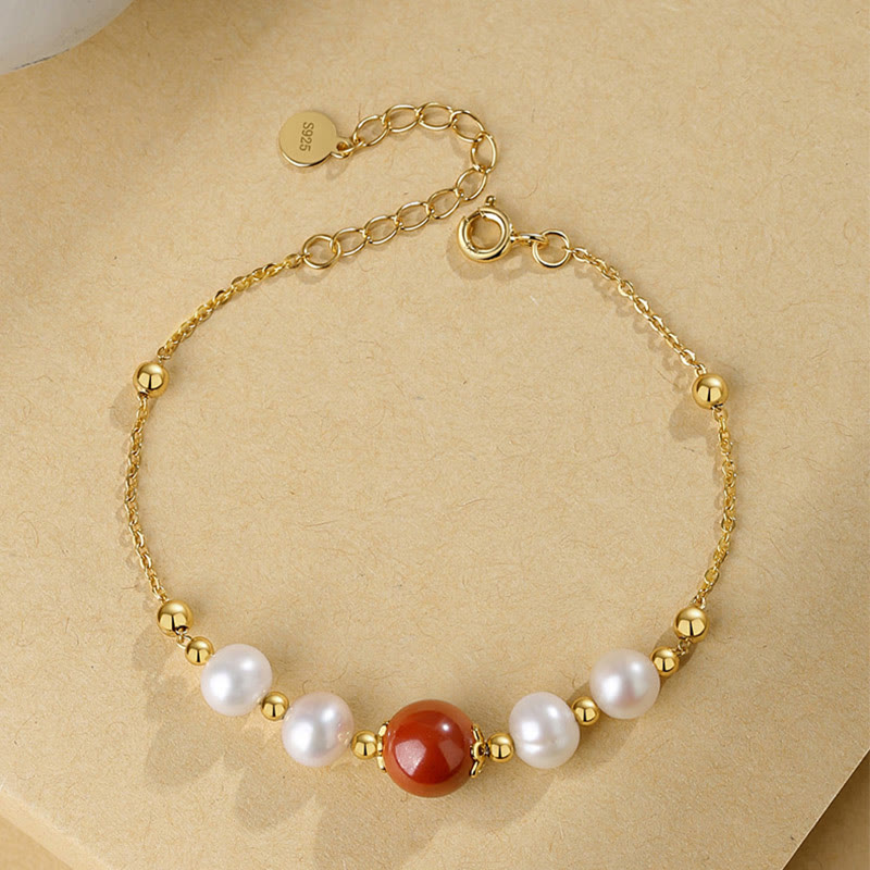 Fortune Jewel 925 Sterling Silver Pearl Cinnabar Healing Bead Chain Bracelet