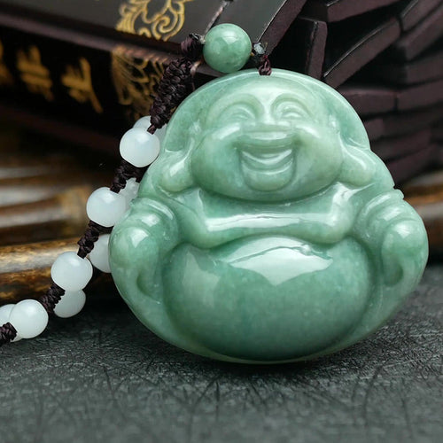 Buddha Stones Laughing Buddha Cyan Jade Harmony Necklace String Bead Pendant Fortune Jewel
